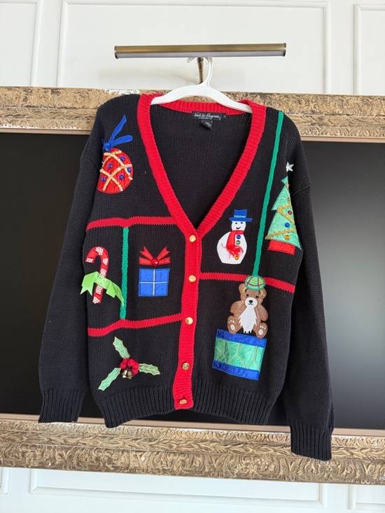 None Sweaters - Festive Black Patchwork Holiday Cardigan with Red Trim